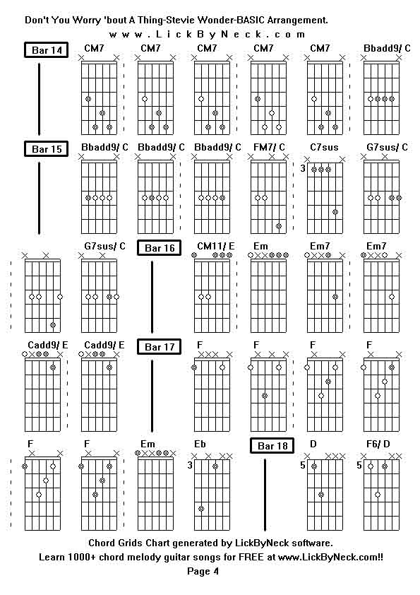 Chord Grids Chart of chord melody fingerstyle guitar song-Don't You Worry 'bout A Thing-Stevie Wonder-BASIC Arrangement,generated by LickByNeck software.